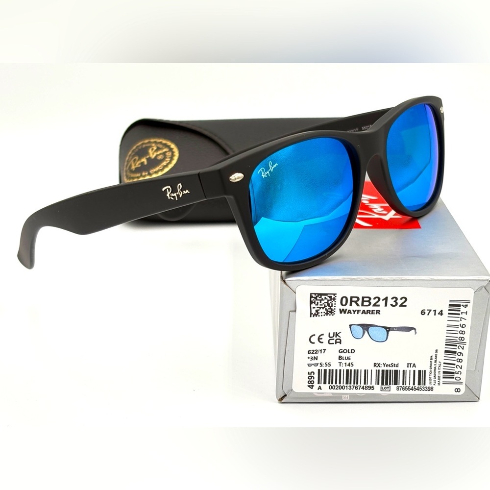 Men’s RB2132 Black Frame Blue Mirror by Ray-Ban Rectangle Shape Lens  New